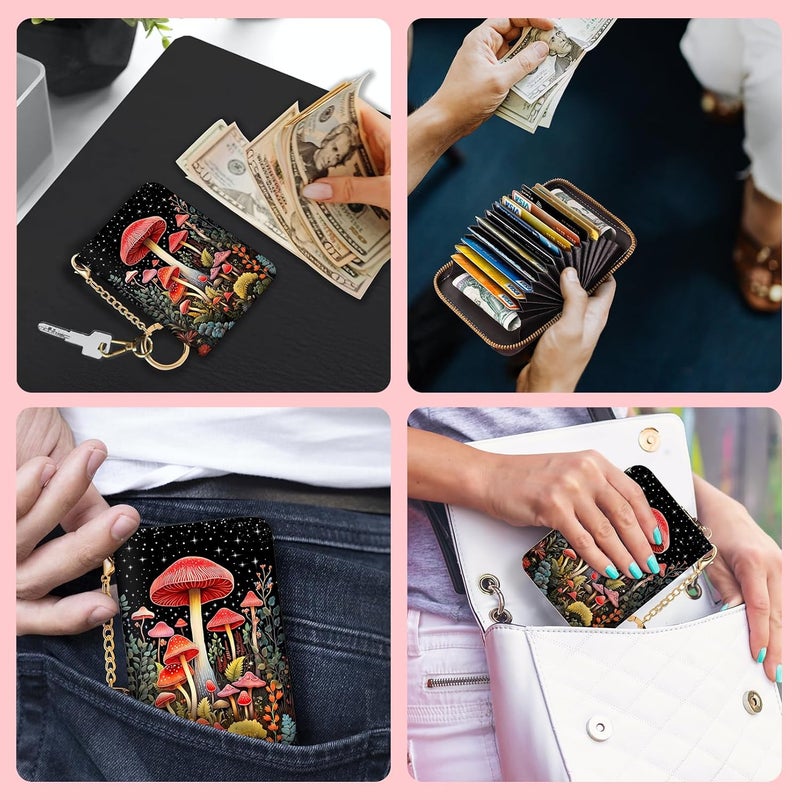 Blusabaca RFID Credit Card Holder Wallets for Women, Small Card Case Wallet with Keychain and Zipper, Mushrooms Leather Card Holder Pocket Business Card Accordion Wallet - Image 3